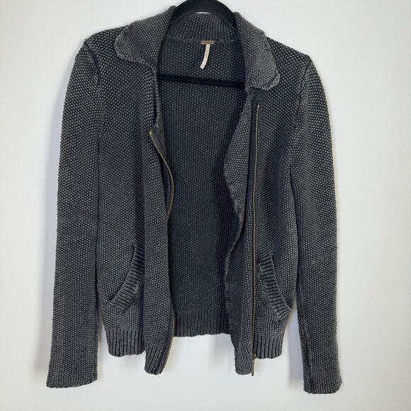 Free People Womens Small Gray Textured Knit Moto Sweater Jacket Cotton Zip Up - Picture 2 of 16